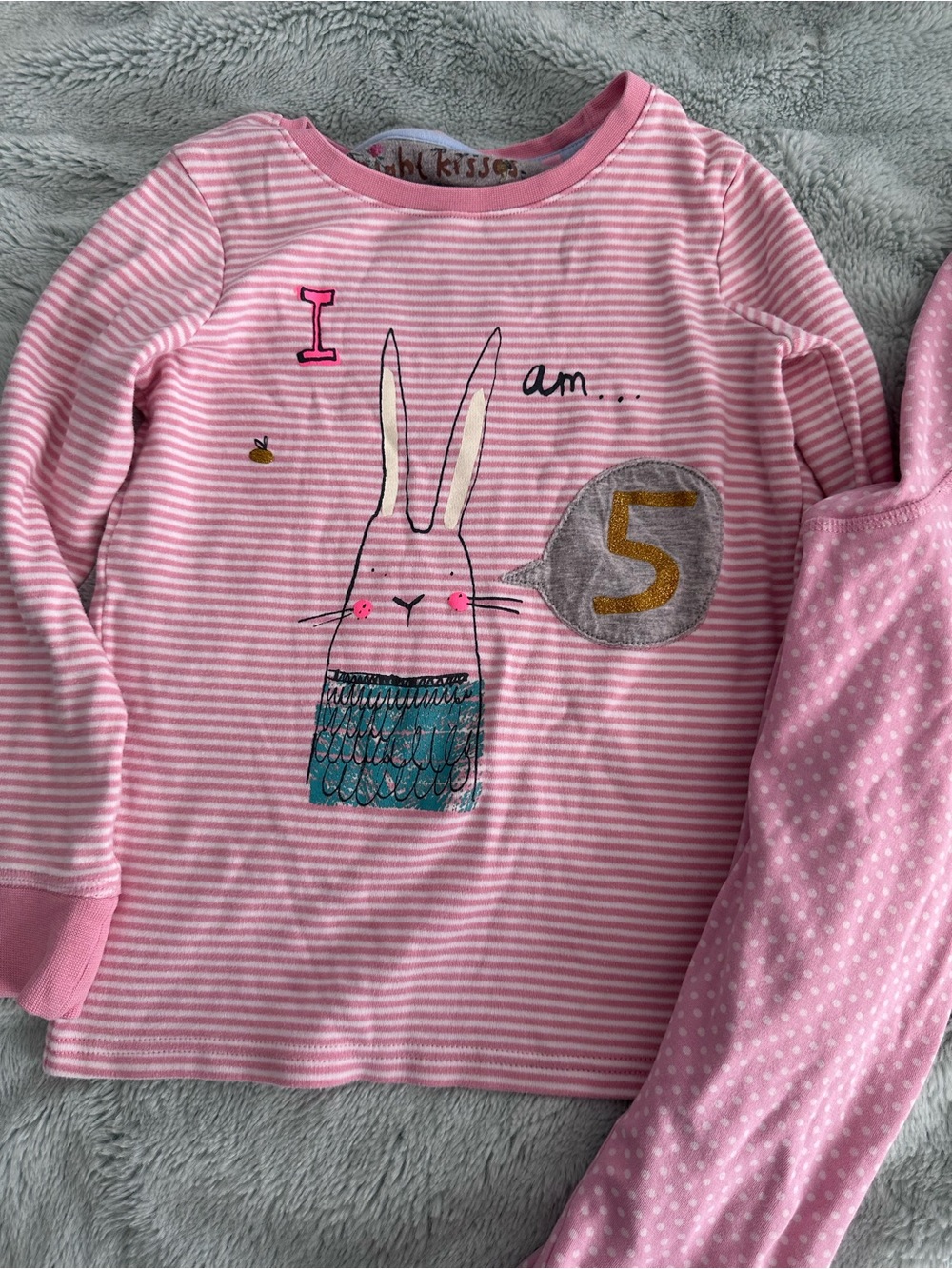 next I am 5!Pink Striped Bunny Pajama Set with Teal and Gold Details